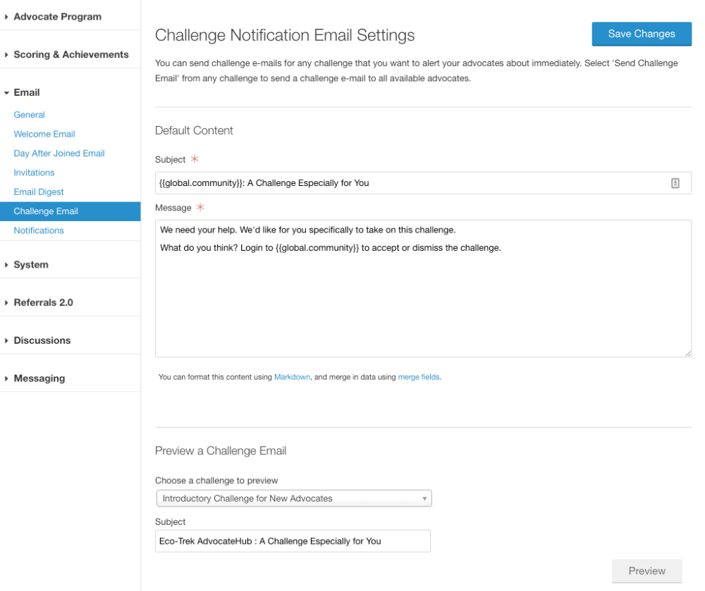 Challenge Notification Email Settings